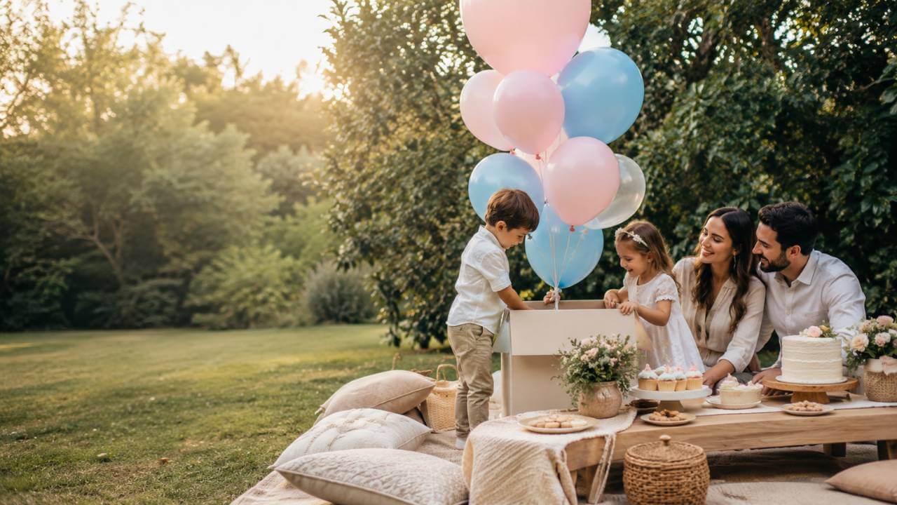 sibling-gender-reveal-picnic-hero-image Luxury outdoor gender reveal picnic with siblings, parents, pastel balloons, cake, florals, and neutral picnic styling.