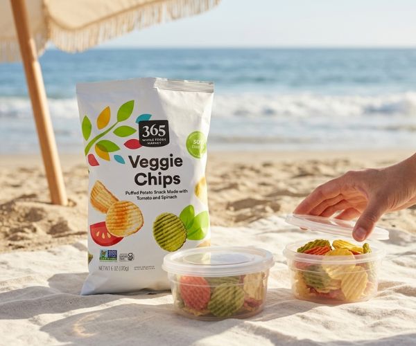 365 Original Veggie Chips divided into sealed portions for a beach picnic