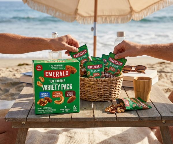 Emerald mixed-nut packs prepared for easy sharing at the beach