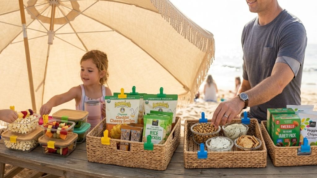 Elegant Picnic Makers beach setup with snacks and ocean views