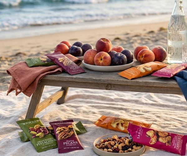 Sahale glazed nut blend packs styled for an elegant beach picnic