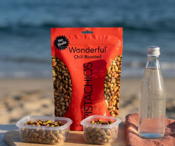 Wonderful Chili Roasted Pistachios served in reusable beach snack containers