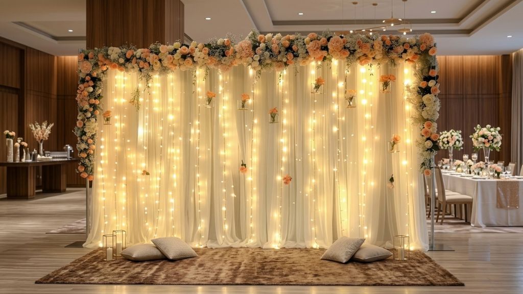 champagne tulle photo booth backdrop with warm lights at a luxury celebration