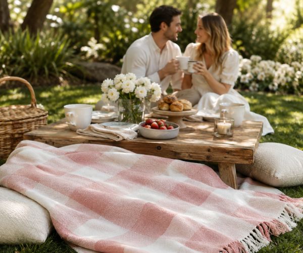 DII pink-and-white buffalo check blanket at a romantic farmhouse-style picnic in a California park