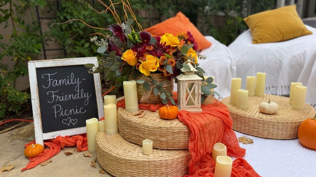 Fall family picnic setup with orange flowers, pumpkins, candles, woven tables, and a “Family-Friendly Picnic” sign