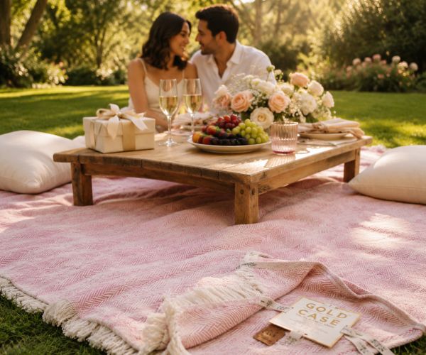 GOLD CASE HOME COLLECTION pink vintage blanket used for a romantic luxury picnic in a California park