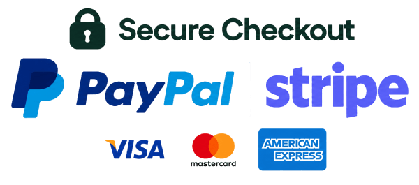 Secure checkout with PayPal, Stripe, Visa, Mastercard, and American Express
