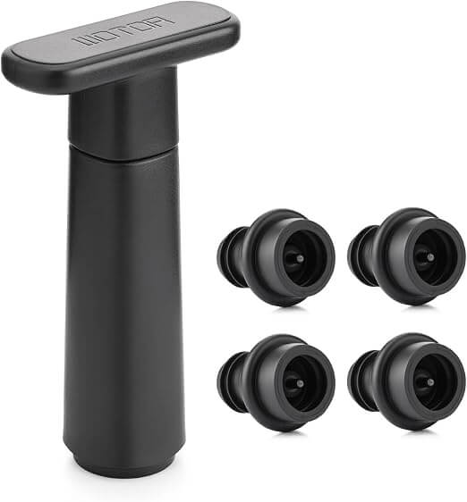 Black WOTOR manual wine vacuum pump with four reusable wine stoppers